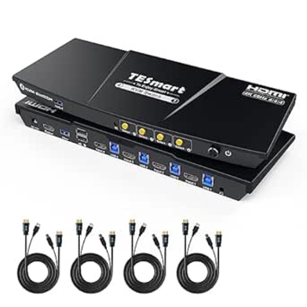 TESmart USB 3.0 HDMI KVM slēdzis 4 porti, 4K60Hz 4 datora 1 monitora KVM slēdži, EDID emulators, karsto taustiņu slēdzis, USB printerim, skenerim, tastatūra un pele, audio izeja, 4 vienā izejas slēdzis ar 4x kabeļiem