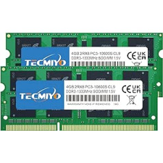 TECMIYO 8GB DDR3 (2x4GB) PC3-10600S DDR3 1333MHz Sodimm RAM 2RX8 Dual Rank CL9 204 Pin 1.5V Non-ECC Nebuferēta klēpjdatora RAM Intel AMD un Mac sistēmai