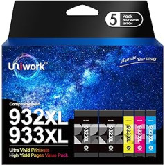 Uniwork rašalo kasetės, suderinamos su HP 932, 933, 932XL, 933XL, skirtomis HP Officejet 6100, 6600, 6700, 7110, 7510, 7610, 7612 (2 juodos, 1 žydros, 1 geltonos, 1 raudonos, 1 raudonos spalvos). , 1 purpurinė, 1 geltona