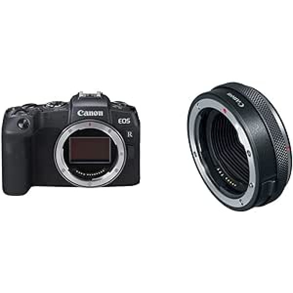 Canon EOS RP pilna formāta sistēmas kameras korpuss bez spoguļa, 26,2 MP, 7,5 cm (3 collas) skaidra skata LCD II displejs, Digic 8, melns un bajonetes adapteris EF-EOS R ar objektīva vadības gredzenu CR-EF-EOSR melns