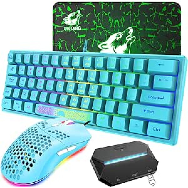 Apvienotās Karalistes izkārtojums RGB 60% spēļu tastatūras peles komplekts ar vadu 62 taustiņiem pārnēsājama mini tastatūra 7 RGB LED fona apgaismojums + 6400 DPI īpaši viegla spēļu pele + peles paliktnis + RGB spēļu kontrolieris