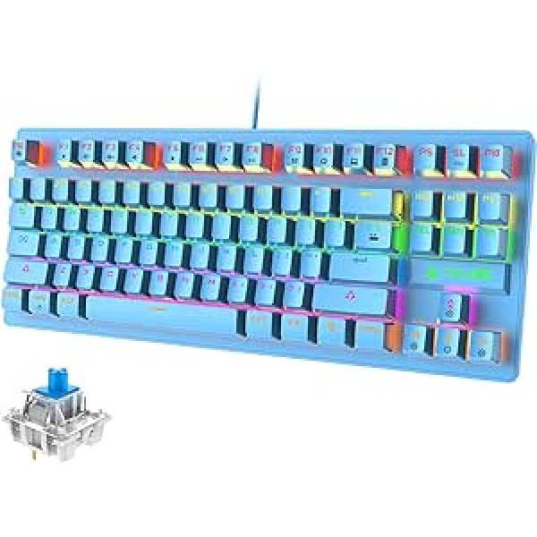 Spēļu tastatūra USB mehāniskā tastatūra RGB varavīksnes LED aizmugurgaismojuma 87 taustiņi, pilnībā novēršot spoguļattēlu spēlētājiem un mašīnrakstītājiem PS3 PS4 PS7 datoram Mac (zils)