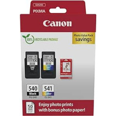 Canon PG-540 CL-541 Vorteilspack 2 Tintenpatronen (Schwarz + Farbe) Oriģinālais +50 Blatt 10x15cm fotopapīrs [Umweltfreundliche Recycle-Kartonverpackung 2024]