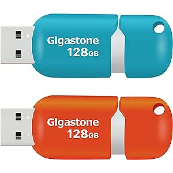 Gigastone V10 128GB 2-Pack USB 2.0 Flash Drive, Retractable Buttons for MacBook Laptop, Windows Mac Linux Compatible, USB Flash Drive, USB Sticks, Mixed Colour - Blue and Orange