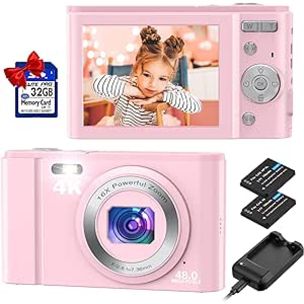 Digitālā kamera, Duluvulu 4K UHD 48MP mini fotokamera ar 32GB atmiņas karti, kompakta kamera, uzlādējama 16X digitālā tālummaiņa, kameras digitālā kamera bērniem, pusaudžiem, iesācējiem, pieaugušajiem, rozā