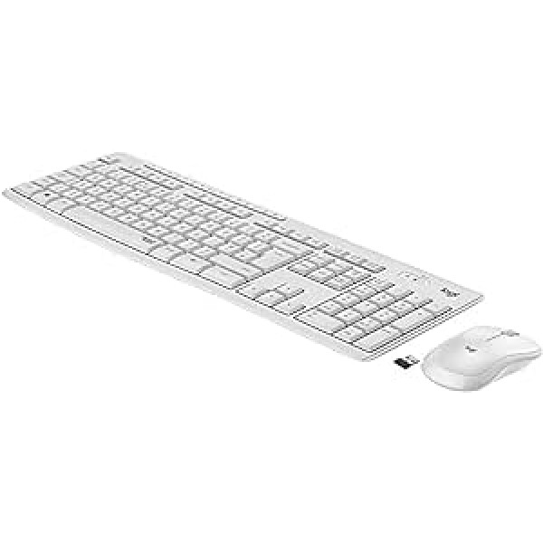 Logitech MK295 bezvadu tastatūras peles komplekts ar Silent Touch tehnoloģiju, īsinājumtaustiņu pogas, optiskā izsekošana, nano USB uztvērējs, bezvadu savienojums bez aizkaves, ESP QWERTY izkārtojums - balts