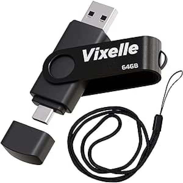 Vixelle 64 GB liela ātruma USB 3.0 C tipa zibatmiņas disks ar auklu — 2 in-1 Dual USB C Memory Stick — 360° grozāms pildspalvas disks ar auklu — 64 GB USB atmiņa viedtālrunim, planšetdatoram un datoram — melns