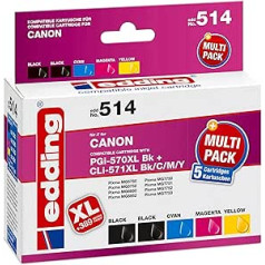 edding Druckerpatrone EDD-514 - Multipack 5 - 2x Schwarz, Cyan, Magenta, Gelb - 1x 25 ml + 4x 13 ml - Reichweite 1x 520 4x 810 Seiten - Ersetzt Canon PGI-570XL/CLIBYK7C1/CLIBYK7C1/CLIBYK7C