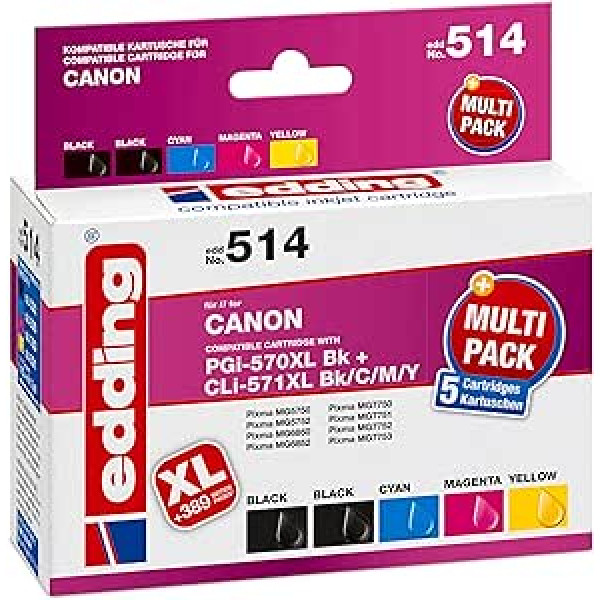 edding Druckerpatrone EDD-514 - Multipack 5 - 2x Schwarz, Cyan, Magenta, Gelb - 1x 25 ml + 4x 13 ml - Reichweite 1x 520 4x 810 Seiten - Ersetzt Canon PGI-570XL/CLIBYK7C1/CLIBYK7C1/CLIBYK7C