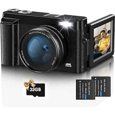 Jumobuis digitālā kamera, 4K 48MP autofokusa fotokamera ar 32GB atmiņas karti, 16X digitālā tālummaiņa, kompakta kamera, 3,0 collu 180 grādu rotācija, pārslēdzams ekrāns pusaudžiem, iesācējiem, pieaugušajiem