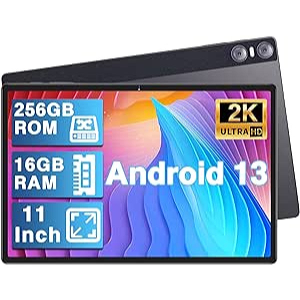 YESTEL 2023 planšetdators 11 collu Android 13, 16 GB RAM, 256 GB ROM, 1 TB paplašinājums, 2 K displejs 2000 x 1200, astoņkodolu, trīskāršā kamera, 8600 mAh, 4 skaļruņi, WiFi 5G, GPS, ar somu, pelēks