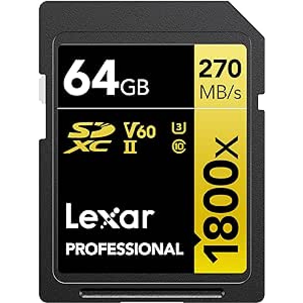 Lexar SDXC Professional 64GB 1800x UHS-II Gold Series, 10. klase, U3, V60 4K video ierakstīšanai, melns