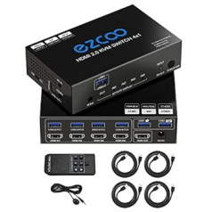 USB3.0 HDMI KVM Switch 4 Port 4 In 1 Out 4K 60Hz 4 In 4 Out SPDIF 5.1 Audio Breakout Pele/tastatūra/Bezvadu USB datoram, Printeris, Skeneris, Windows, Linux, HDR HDMI Auto Switch 4x1, IR Remote KVM 4X1