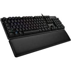 Logitech G512 mehāniskā spēļu tastatūra, GX-Brown Tactile slēdži, LIGHTSYNC RGB apgaismojums, USB cilpa, alumīnija korpuss, programmējami F taustiņi, vācu QWERTY izkārtojums, melns