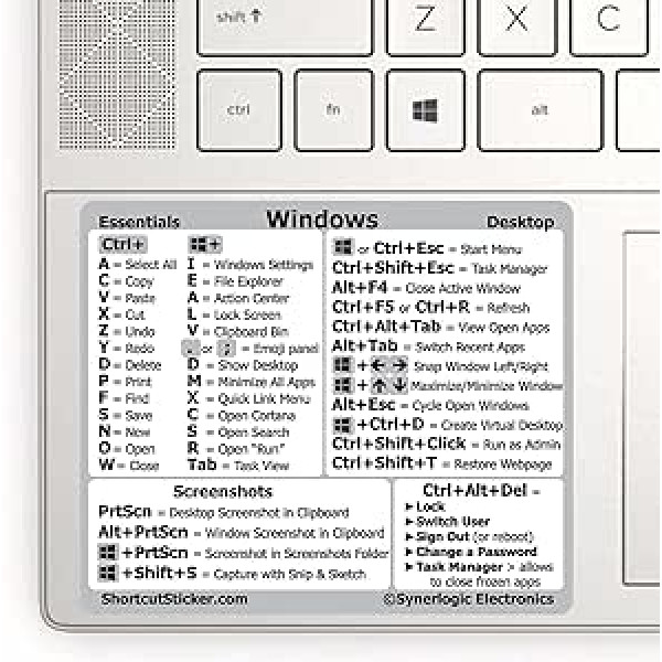 SYNERLOGIC Windows PC Reference klaviatūros sparčiųjų klavišų vinilinis lipdukas, laminuotas, be likučių, tinka bet kokiam nešiojamam kompiuteriui ar staliniam LG LG: 3,5 x 2,95 colio (balta, 10 vnt. pakuotėje)