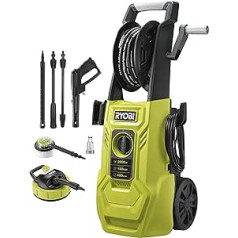 RYOBI RY150PWA 1800 W elektriskā augstspiediena mazgātājs (150 bar spiediens, 450 l/h plūsmas ātrums, 40° ūdens temperatūra, alumīnija sūknis, 8 m ar tēraudu pastiprināta šļūtene, 5 m kabelis, vario un turbo svira, virsma