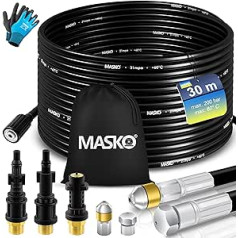 MASKO® Premium cauruļu tīrīšanas šļūteņu komplekts, notekas tīrītājs 30 m, 200 bāri, ieskaitot maisu, 3 adapterus, 2 sprauslas un rotējošus, savietojams ar Kärcher k2-k7 Lavor augstspiediena mazgātāju, universāls cauruļu tīrīšanas k