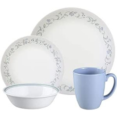 Corelle 16-daļīgs Vitrelle Glass lauku kotedžas vakariņu komplekts, izturīgs pret šķembām, serviss 4 personām, zaļš/zils