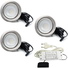 3 LED padziļināto prožektoru komplekts Mēbeles Gaismas Mēbeles Padziļināti Prožektori Plakani 2,7 W LED 12 V/DC Silti Balts 3000 K / 200 lm Krāsa matēts nerūsējošais tērauds + 15 vatu LED transformators 230 V