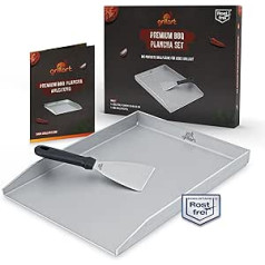 grillart® Premium Plancha Grill Plate with Grill Spatula Made of Solid 4 mm Stainless Steel - 30 x 40 cm Universal Size Also Suitable for Induction Cookers - Dishwasher Safe and Rustproof - Made in