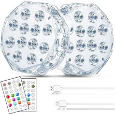 Idealife 20 LED baseina apgaismojums zemūdens gaisma, magnētiski uzlādējams, pilnībā ūdensizturīgs dīķa apgaismojums ar pārī savienotu RF tālvadības pulti Q-Pad lieli magnētiski piesūcekņi spa burbuļvannai, 2 gab.