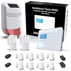 Safe2Home® radiosignalizācijas sistēmas komplekts SP110 ar sabotāžas aizsardzības saules sirēnu - vācu valoda - GSM signalizācijas sistēma SMS signalizācija - signalizācijas sistēmas mājas birojam, iekļauti piederumi, sensori - signalizāci