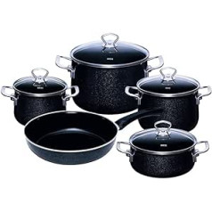 Riess 0558-009, Emailieset Black Magic, 5-teilig, bestehend aus: Fleischtopf ar GD Ø 16, 20, 24 cm, Kasserolle ar GD Ø 20 cm, E-pasts Pfanne Ø 28 cm, īpaši stingrs