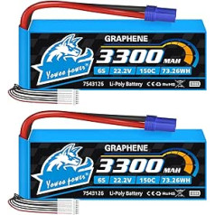 Yowoo 6S RC Lipo akumulators 3300 mAh 22,2 V 150C grafēna akumulators ar EC5 spraudni RC lidmašīnai RC helikopteram RC kvadrokoptera dronu automašīnas kravas laivas modelis (2 iepakojumi)