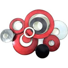 New - Metal Wall Art Decor Sculpture - Red Grey Linked Circle Disc Abstract