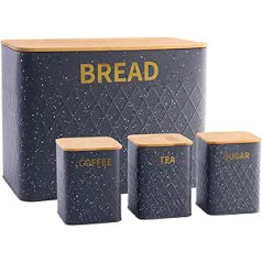 Haus Roland nerūdijančio plieno duonos dėžutė su bambuko pjaustymo lentos dangteliu, duonos laikymo indas virtuvės stalviršiui su 3 mažais laikymo stiklainiais (pilkas)
