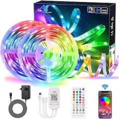 ALED LIGHT 20 m / 65,6 pēdas Bluetooth LED sloksnes, mūzikas sinhronizācija, elastīga krāsu maiņa RGB 5050 600 LED virvju gaismas sloksņu komplekts LED svītras ar infrasarkano staru tālvadības pults lietotni mājas dekorēšanai.