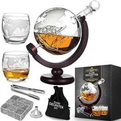 Mikamax Decanter viskija karafe ar divām glāzēm, Globe Style, roku darbs, caurspīdīga, 850 ml karafe ar hermētisku blīvējumu, nerūsējošā tērauda piltuvi