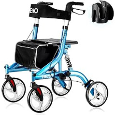 HEAO Walker with Seat, Walking Aid for Elderly People, 4 x 25.4 cm Wheels with Shock Absorbers, Lightweight Walker Only 9 kg, Maximum Load 159 kg, with Higher Mobility, Height-Adjustable Handle, Blue