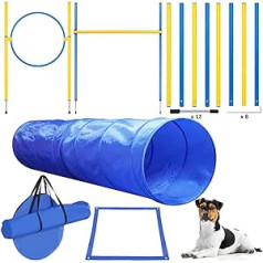 TUAHOO Agility įrangos rinkinys šunims, mokomieji žaidimai su kliūtimis su šunų tuneliu, kliūtimis, 8 slalomo lazdomis, šuolio žiedu, pertraukimo dėže, nešiojimo krepšiu