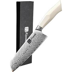 Kensaki Santoku Damaskas tērauda virtuves nazis japāņu stilā izgatavots no 67 slāņiem Damaskas tērauda balts G10 rokturis - Shiro sērija