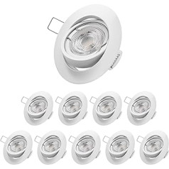 EDISHINE aptumšojami LED prožektori, iepakojumā 10, LED padziļināti prožektori, GU10, 230 V, 3000 K, silti balti padziļināti lukturi, 68 mm, grozāmi prožektori, griestu lampa, 350 lm, enerģijas taupīšana, uzstādīšana