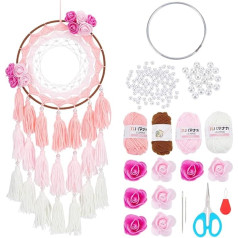 INFUNLY Rozā ziedu sapņu ķērāju komplekts Tassel Dream Catcher Hanging Ornament DIY Boho Dream Catcher Making Kit Instrukcijas iekļauts guļamistabai Dzīvojamā istaba Home Decor