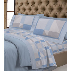 100% Cotton Double Duvet Cover Set - Made in Italy - Flat Sheet 240 x 290 cm + Fitted Sheet 180 x 200 cm + 2 Pillowcases 50 x 80 cm - Geometric Print - Double - Light Blue Gold