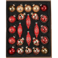 Valery Madelyn Christmas Baubles, Pack of 24 Glass Christmas Baubles with Gift Package, Christmas Tree Decorations with Hanger, Decoration Christmas, Theme Red Gold