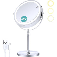 B Beauty Planet grima spogulis ar apgaismojumu, 1x / 20x divpusējs palielināmais spogulis, ar iespēju aptumšot, LED grima spogulis ar 3 krāsu apgaismojuma režīmiem, 20 cm
