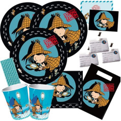 partystrolche/spielum 68-Piece Party Set Detective Flo Plates Cups Napkins Invitations Bags ID Straws for 8 Children