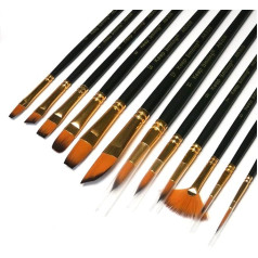 12 Piece Artist Brush Set with Synthetic Sable Hair for Acrylic, Oil and Watercolour Painting - Full Range of Sizes and Shapes