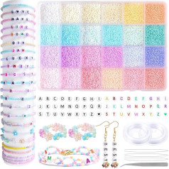 Prettme 10008pcs stiklo karoliukai papuošalų gamybai, 2mm pasteliniai stiklo karoliukai Makaronas maži karoliukai amatų karoliukai su abėcėlės raidžių karoliukais elastinga juvelyrinių dirbinių gamybos virvė