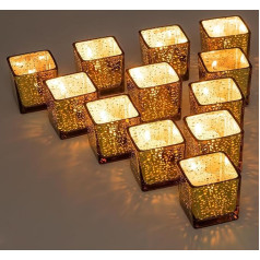 Glasseam Square Tea Light Holder Gold Set of 12, Mercury Vintage Tea Light Glasses Small, Glass Candle Holder Christmas for Dining Table Decoration, Glitter Candle Jar for Wedding Party Decoration