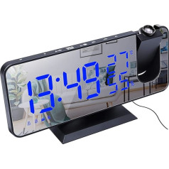 ThreeH Projection Alarm Clock Radio Digital Alarm Clock 4 Dimmers & 180° Rotatable & 2 Tones 7.4 Inch Large Mirror Display Black/Blue