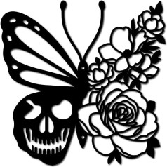 CREATCABIN Skull Metal Wall Art Decor Butterfly Flower Black Wall Signs Hanging Metal Ornament Sculpture for Patio Balcony Home Living Room Kitchen Decoration Outdoor Gift 30 x 30 cm