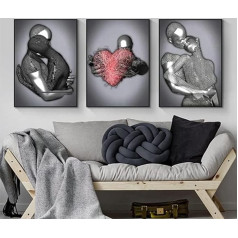 3D Metal Figure Statue Art Love Heart Kiss Pictures Wall Art Living Room Wall Decoration - Without Frame (Poster 04.40 x 50 cm x 3)