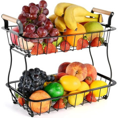 ANTOPY 2 pakopų vaisių krepšelis virtuvėje Vaisių krepšelis su vaisių dubenėliu Stovas Metalinis stačiakampis vielos krepšelis, skirtas vaisiams, daržovėms, duonai, duonos užkandžiams Virtuvės organizatorius, juodas