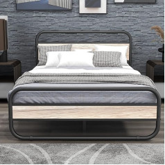 Diahomy Double Bed Frame with Wooden Headboard, Metal Platform Bed Frame Mattress Base, Metal Slat Support, Black and Oak