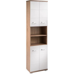 Byliving Nebraska Bathroom Tall Cabinet, Sonoma Oak Doors, High Gloss White Lacquered Doors, Bathroom Cabinet, 4 Doors with Open Elements and Lots of Storage Space, W 50, H 192, D 31.5 cm